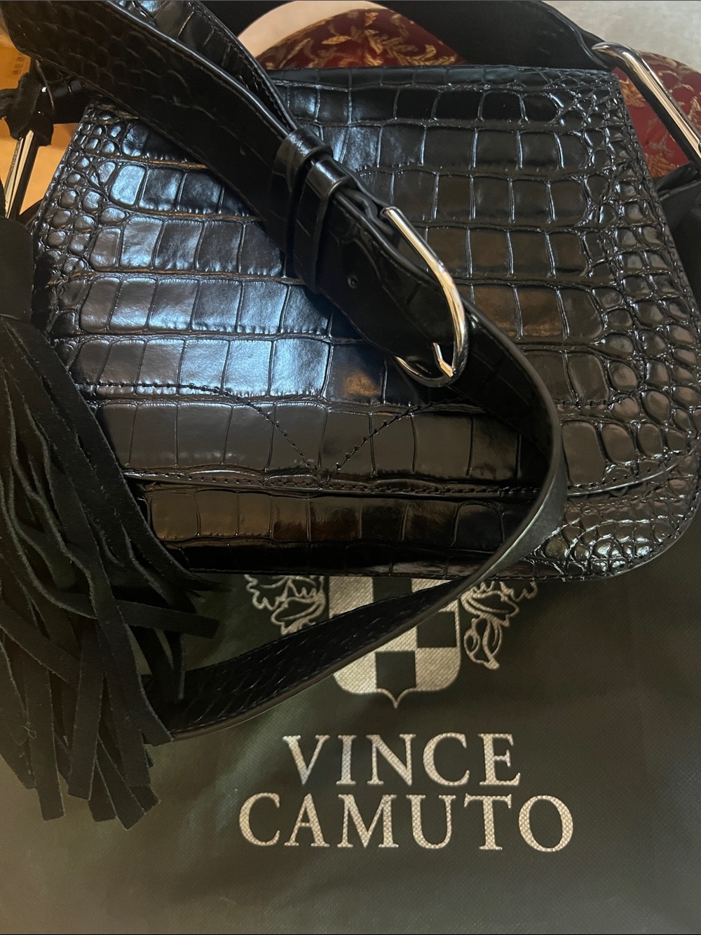 Vince Camuto Black Croc-Embossed Leather Crossbody with Suede Tassel ❤️🔥